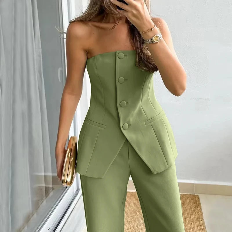 Luce Napoli - Completo Estivo da Donna – Top Senza Spalline con Bottoni e Pantaloni Skinny a Vita Alta