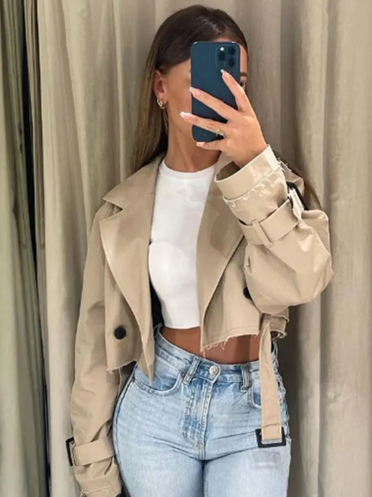 Luce Napoli - Cintura Cropped Trench Giacca Primavera Donna Vintage Streetwear Doppio Petto Manica Lunga Top Donna Cappotto Outfits