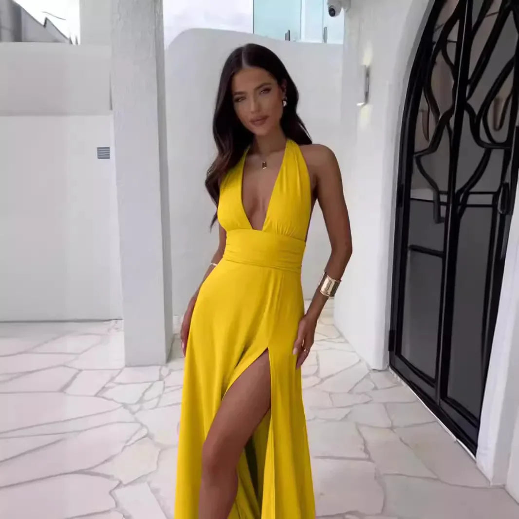 Elegant Women's Clothing Deep V Neck Halter Backless Lace Up High Split Bodycon Sexy Evening Party Club Summer Long Dress