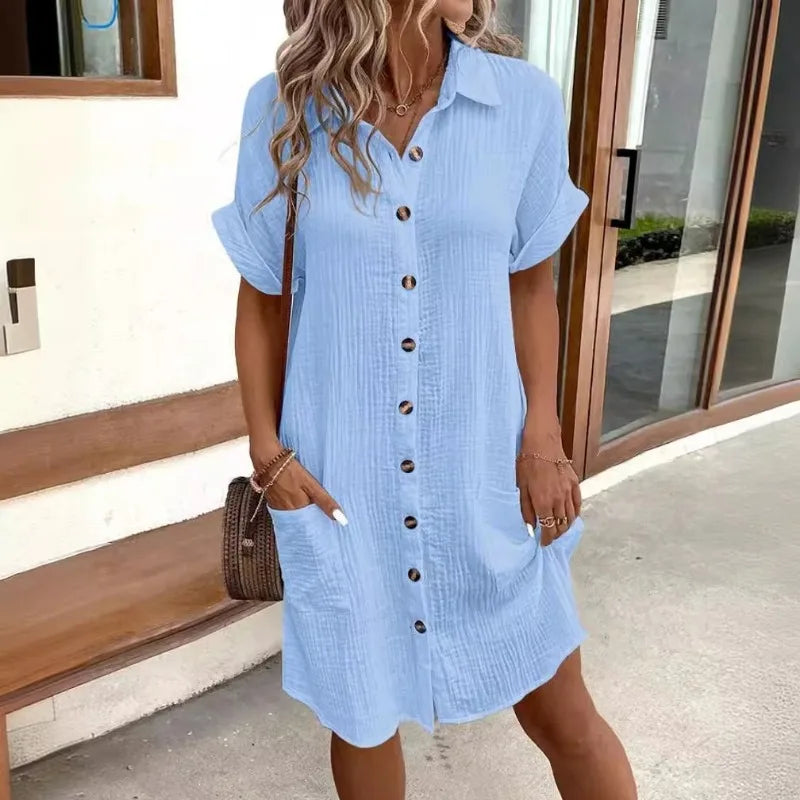Luce Napoli - Moda donna Estate Minimalista Scollo a V Button Up Vestito Donna Cotone Lino Bianco Maniche Corte Tasca Casual Allentato Camicia Vestito