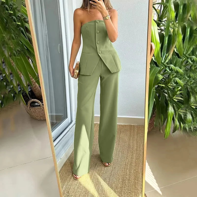 Luce Napoli - Completo Estivo da Donna – Top Senza Spalline con Bottoni e Pantaloni Skinny a Vita Alta