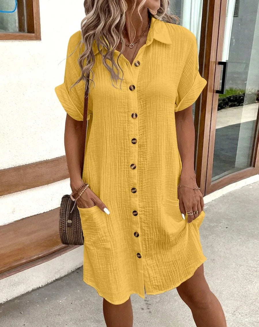 Luce Napoli - Moda donna Estate Minimalista Scollo a V Button Up Vestito Donna Cotone Lino Bianco Maniche Corte Tasca Casual Allentato Camicia Vestito