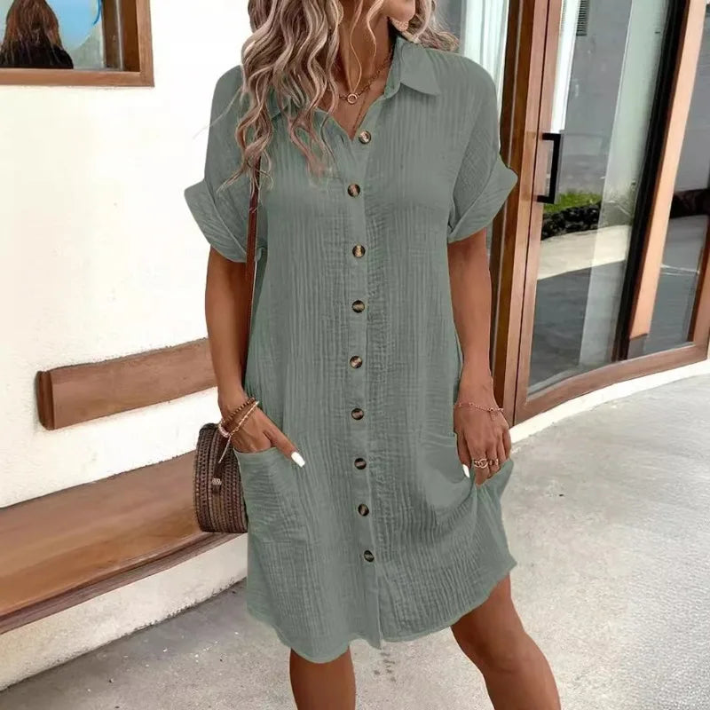 Luce Napoli - Moda donna Estate Minimalista Scollo a V Button Up Vestito Donna Cotone Lino Bianco Maniche Corte Tasca Casual Allentato Camicia Vestito