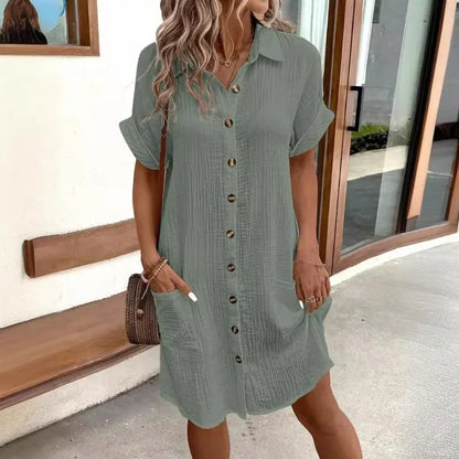 Luce Napoli - Moda donna Estate Minimalista Scollo a V Button Up Vestito Donna Cotone Lino Bianco Maniche Corte Tasca Casual Allentato Camicia Vestito