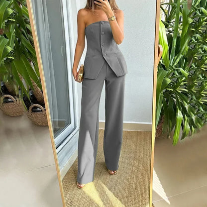 Luce Napoli - Completo Estivo da Donna – Top Senza Spalline con Bottoni e Pantaloni Skinny a Vita Alta