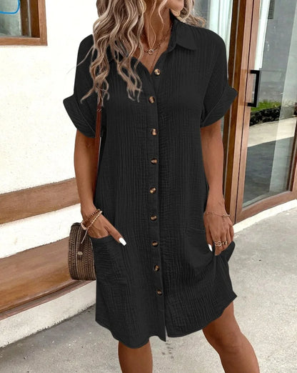 Luce Napoli - Moda donna Estate Minimalista Scollo a V Button Up Vestito Donna Cotone Lino Bianco Maniche Corte Tasca Casual Allentato Camicia Vestito